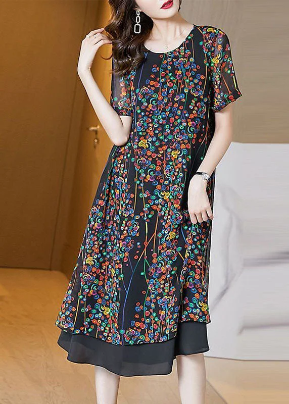 Discount Deals Classy Black O-Neck Patchwork Print Chiffon Long Dress Summer