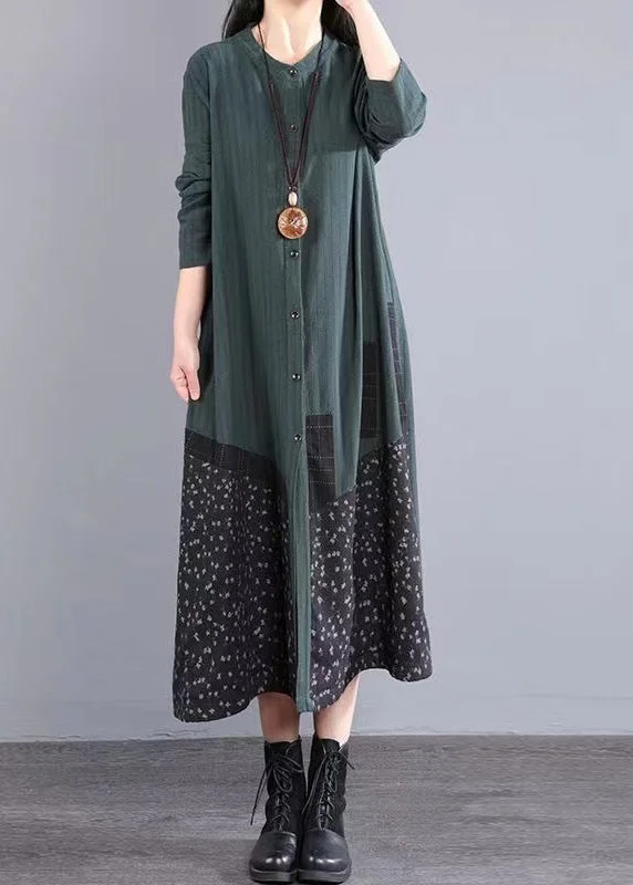 Grand Opening Sale Blackish Green Patchwork Cotton Dress Stand Collar Button Fall