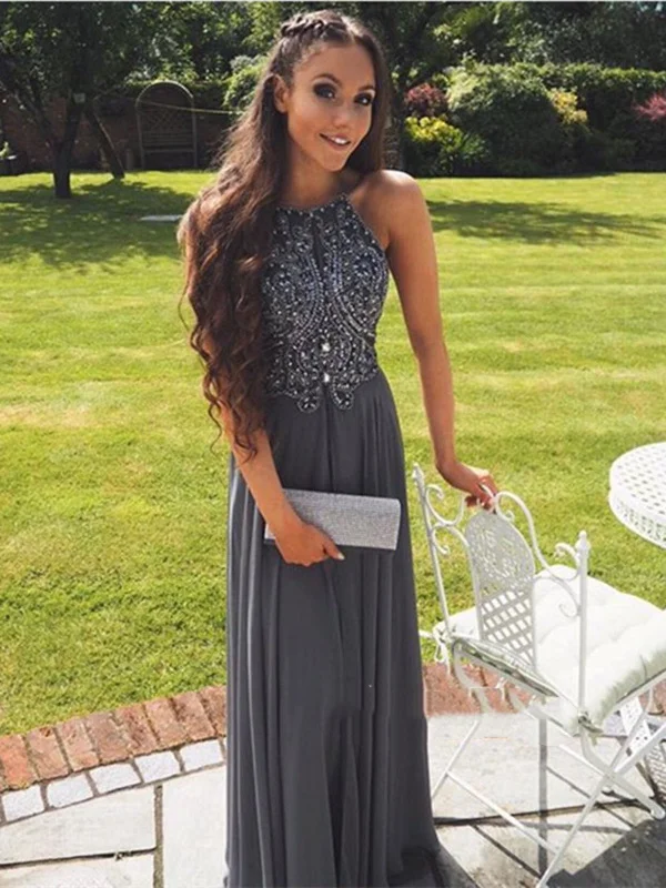Price Cut Custom Made A Line Grey/Gray Backless Chiffon Prom Dresses, Backless Bridesmaid Dresses, Wedding Party Dresses, Backless Evening Dresses