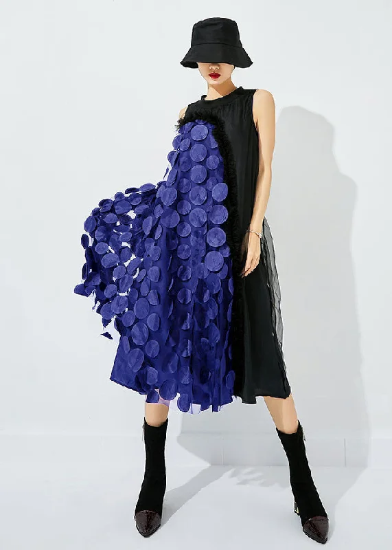 casual dresscasual dressBohemian Black-Blue Dot Asymmetrical Patchwork Wrinkled Tulle Maxi Dress Sleeveless