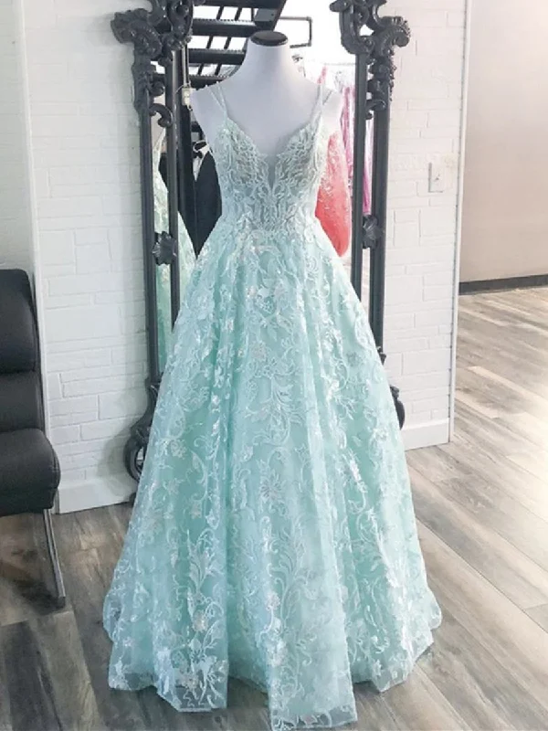 Stock Clearance A Line V Neck Backless Blue Lace Long Prom Dresses, Backless Blue Formal Dresses, Blue Lace Evening Dresses Stock Clearance A Line V Neck Backless Blue Lace Long Prom Dresses, Backless Blue Formal Dresses, Blue Lace Evening Dresses