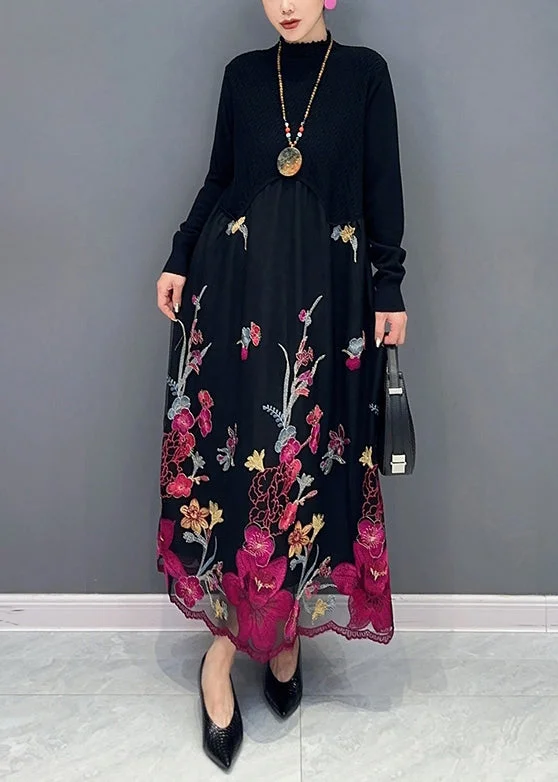 Referral Discount Beautiful Rose Turtleneck Embroideried Tulle Patchwork Dress Fall