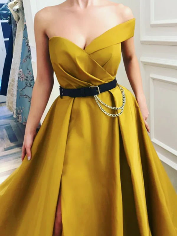 Special Price One Shoulder Canary Yellow Ball Gown with Leg Slit, Canary Yellow Long Prom Dresses with Black Belt, Formal Dresses