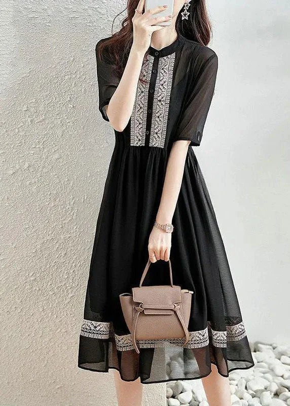 Now or Never Original Design Black O-Neck Patchwork Chiffon Dress Summer