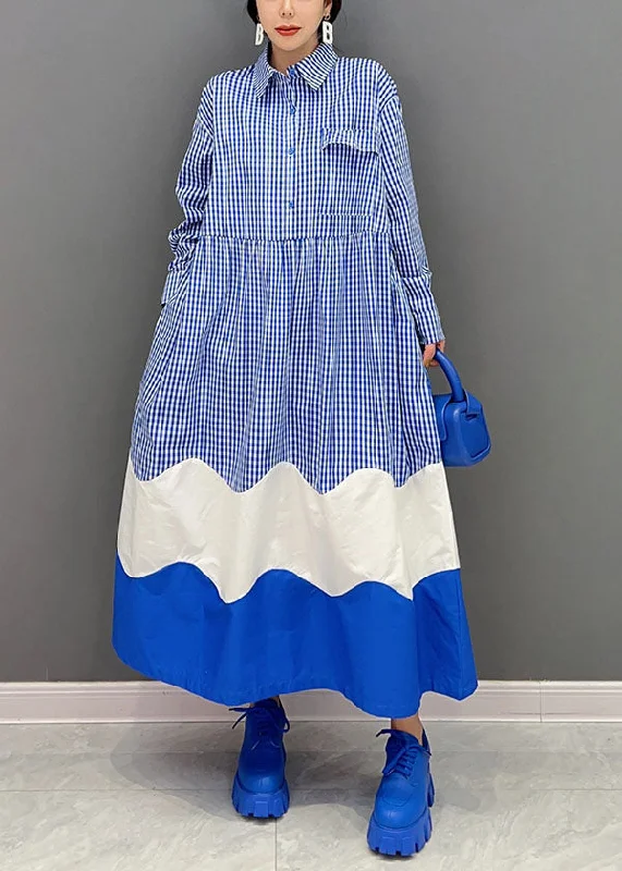 office dressoffice dressElegant Blue Peter Pan Collar Patchwork Plaid Cotton Shirt Dresses Spring