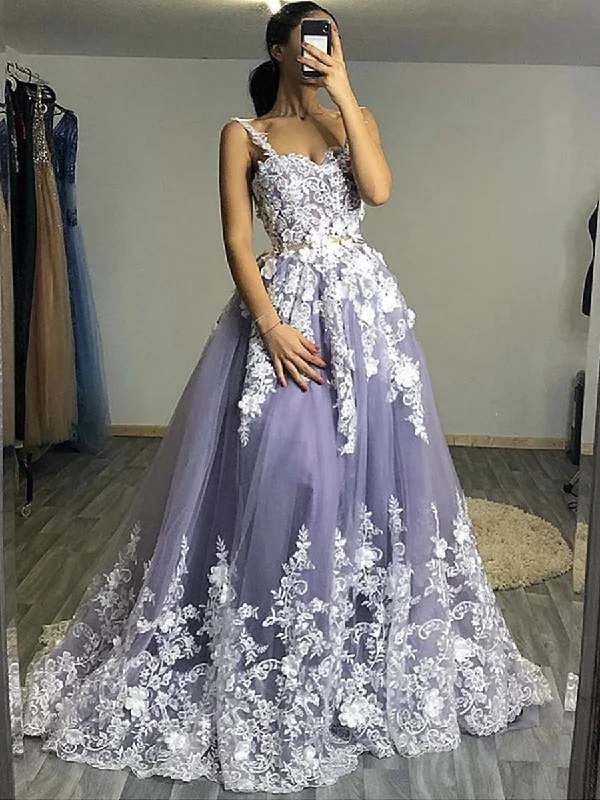 Low Prices Fluffy White Floral Lace Top Gray Long Prom Dresses, Floral Lace Gray Formal Evening Dresses, Gray Ball Gown