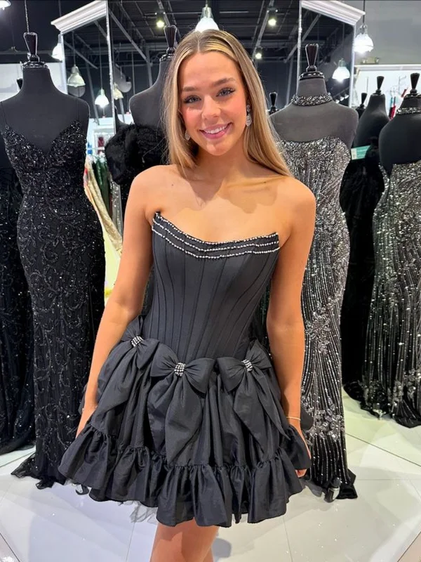 pleated maxi dresspleated maxi dressStrapless Layered Black Satin Short Prom Dresses with Beadings, Short Black Homecoming Dresses SP3038