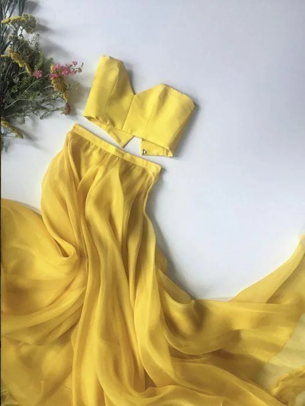 YEAR-End Clearance Sweetheart Neck Two Pieces Yellow Long Prom Dresses, 2 Pieces Yellow Formal Evening Dresses