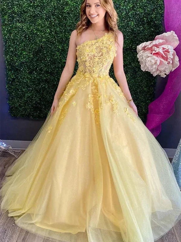 Can't Miss One Shoulder Yellow Lace Floral Long Prom Dresses, Yellow Tulle Lace Formal Dresses, Yellow Evening Dresses SP2284