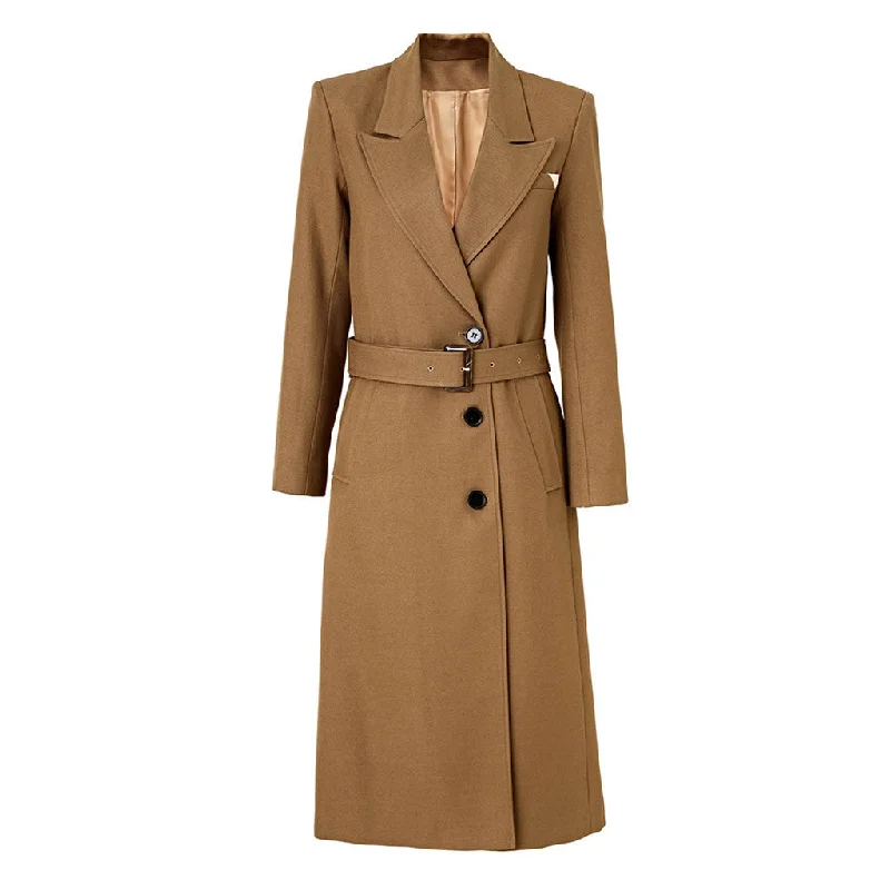 Year-End Clearance Classic Peak Lapel Single Breasted Belted Wool Blend Trench Coat