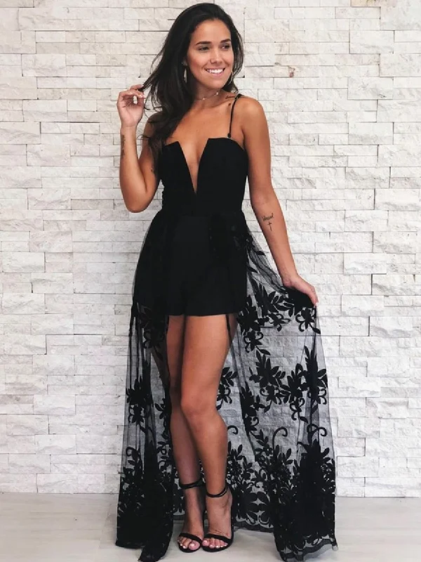 Overstock Custom Made A Line V Neck Spaghetti Straps Lace Black Prom Dresses, Black Formal Graduation Evening Dresses