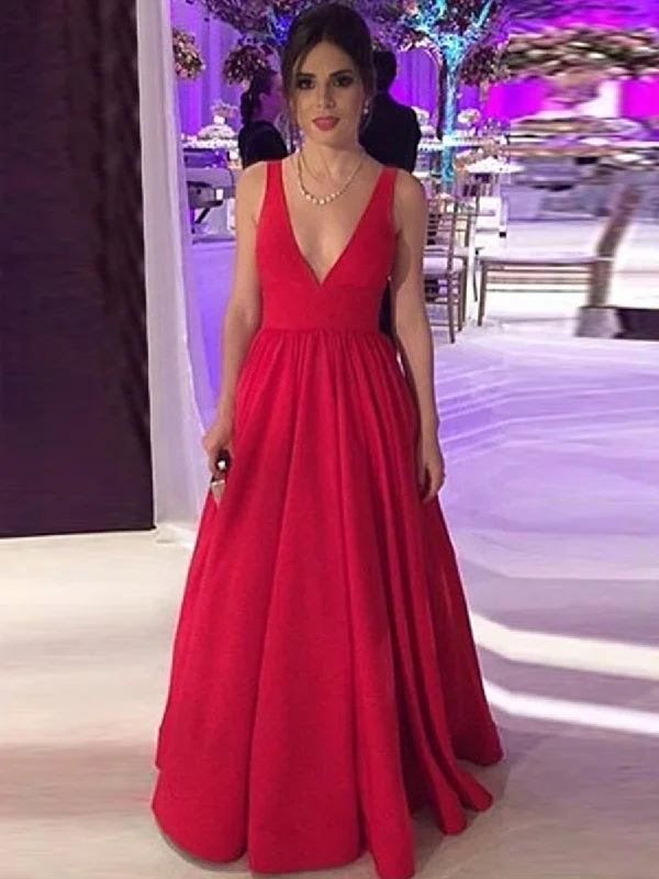Deal Mania Red A Line V Neck Backless Long Prom Dresses, V Neck Red Formal Dresses, Red Evening Graduation Dresses Deal Mania Red A Line V Neck Backless Long Prom Dresses, V Neck Red Formal Dresses, Red Evening Graduation Dresses