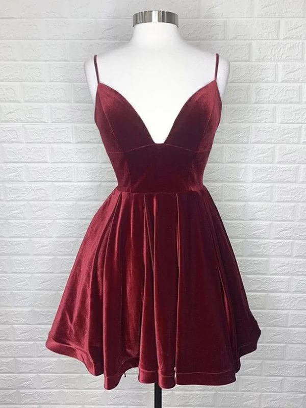 luxury dressluxury dressV Neck Backless Burgundy Velvet Short Prom Dresses, Short Burgundy Formal Graduation Homecoming Dresses