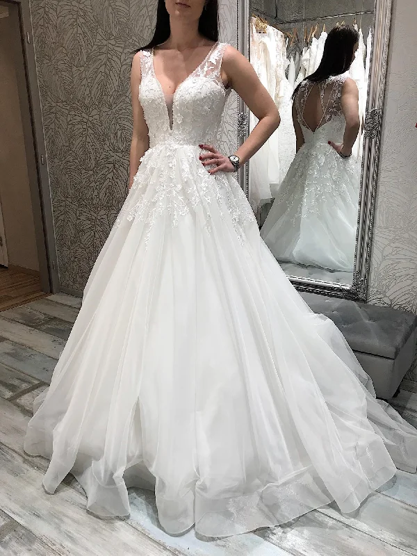 Anniversary Sale V Neck White Lace Long Prom Dresses, White Lace Wedding Dresses, White Formal Evening Dresses SP2091 Anniversary Sale V Neck White Lace Long Prom Dresses, White Lace Wedding Dresses, White Formal Evening Dresses SP2091