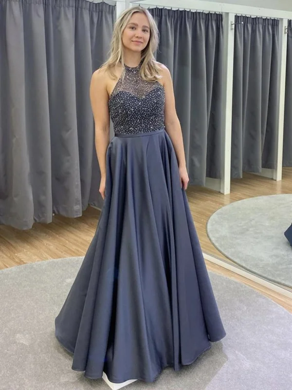 Hot Deal Halter Neck Backless Gray Beaded Long Prom Dresses, Backless Beaded Gray Formal Evening Dresses
