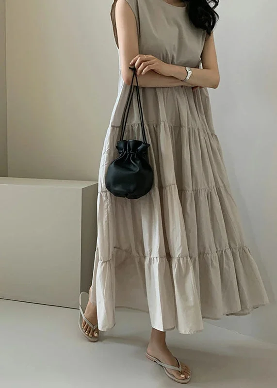 chic dresschic dressSolid Color Sleeveless V-neck Pleated Layered Lace Up Daily Casual Maxi Dress Apricot