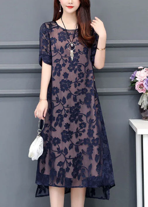 Clearance Event Modern Navy O-Neck Embroideried Chiffon Long Dress Summer