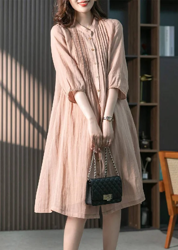 A-line dressA-line dressVintage Pink Stand Collar Button Wrinkled Linen Dress Half Sleeve