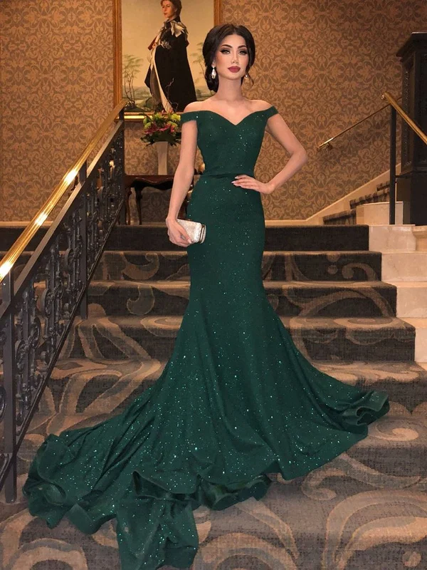 Anniversary Sale Shiny Off Shoulder Mermaid Dark Green Long Prom Dresses, Sparkly Mermaid Green Formal Evening Dresses