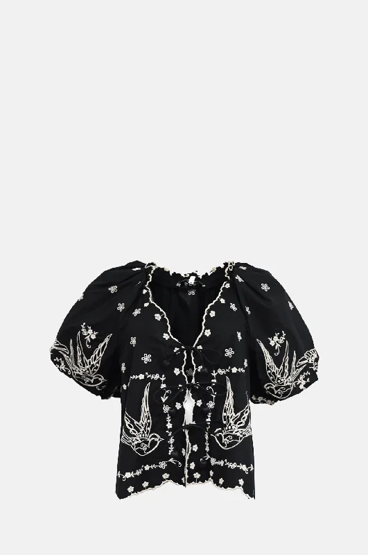 Deal Frenzy Kingsley Embroidery Tie Front Top Black