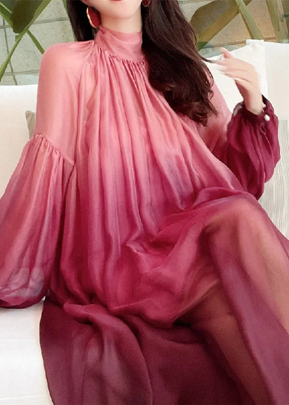 one-shoulder dressone-shoulder dressChinese Style Pink Stand Collar Gradient Color Silk Long Dress Puff Sleeve