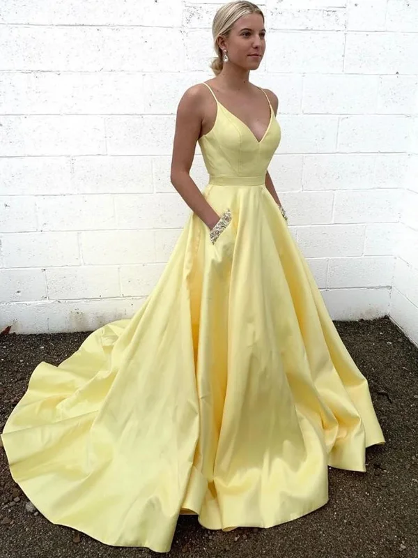 Big Savings V Neck Yellow Satin Long Prom Dresses with Pockets, Thin Strap Yellow Formal Dresses, Yellow Evening Dresses