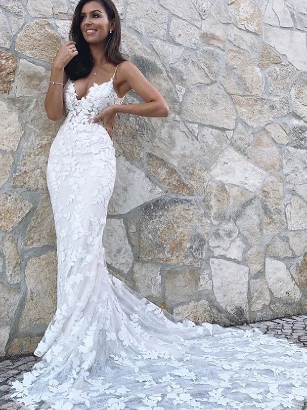 New Deals V Neck Mermaid White Appliques Long Wedding Prom Dresses with Train, Mermaid White Lace Appliques Formal Evening Dresses