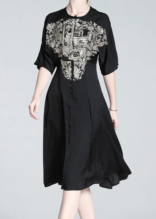 t-shirt dresst-shirt dressItalian Black O-Neck Embroideried Button Silk Long Dress Summer