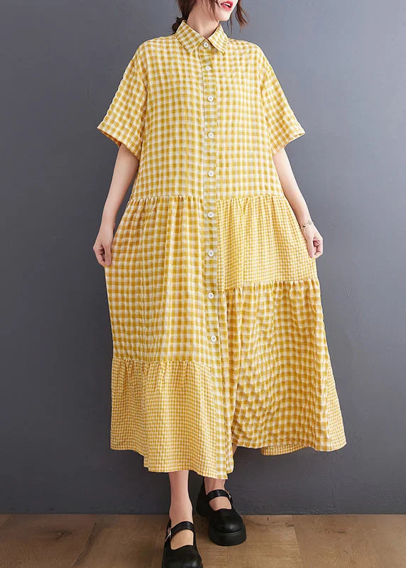Online Only Boutique Yellow Peter Pan Collar Plaid Maxi Dresses Summer