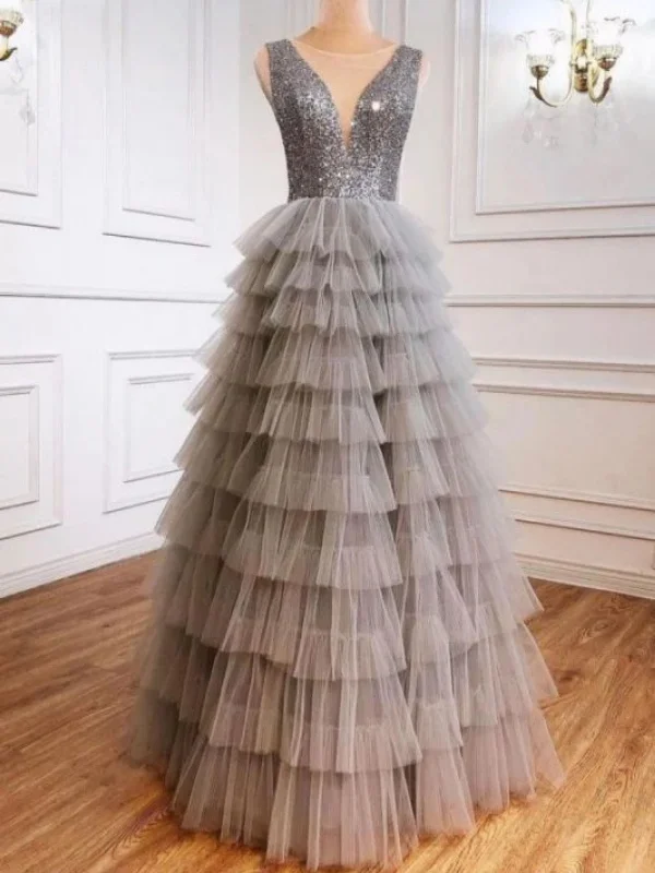 flowy maxi dressflowy maxi dressV Neck Layered Gray Sequins Long Prom Dresses, Long Gray Tulle Formal Dresses, Gray Evening Dresses SP2669