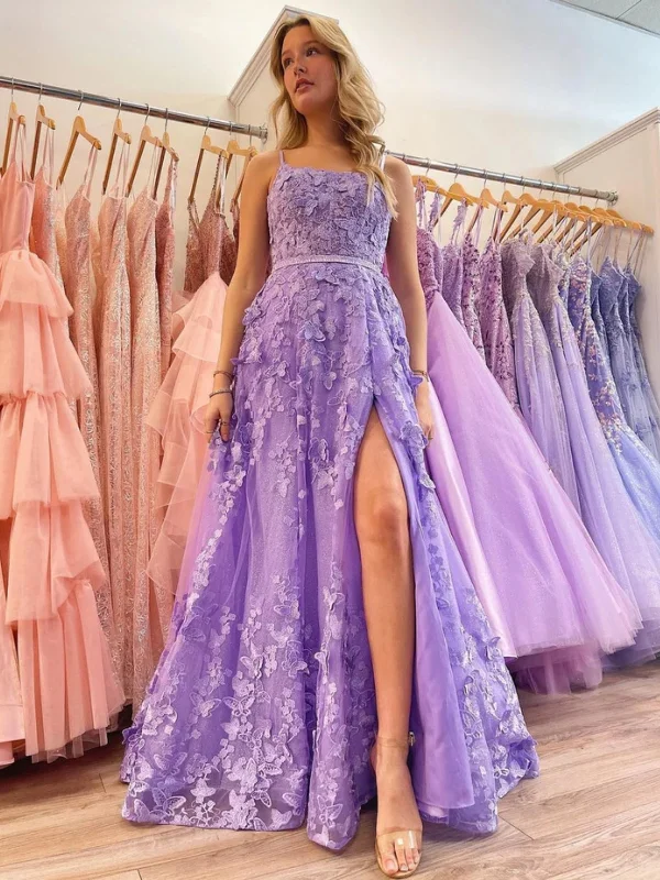 casual evening dresscasual evening dressOpen Back Purple Lace Long Prom Dresses with High Slit, Purple Formal Evening Dresses with Lace Appliques SP2617