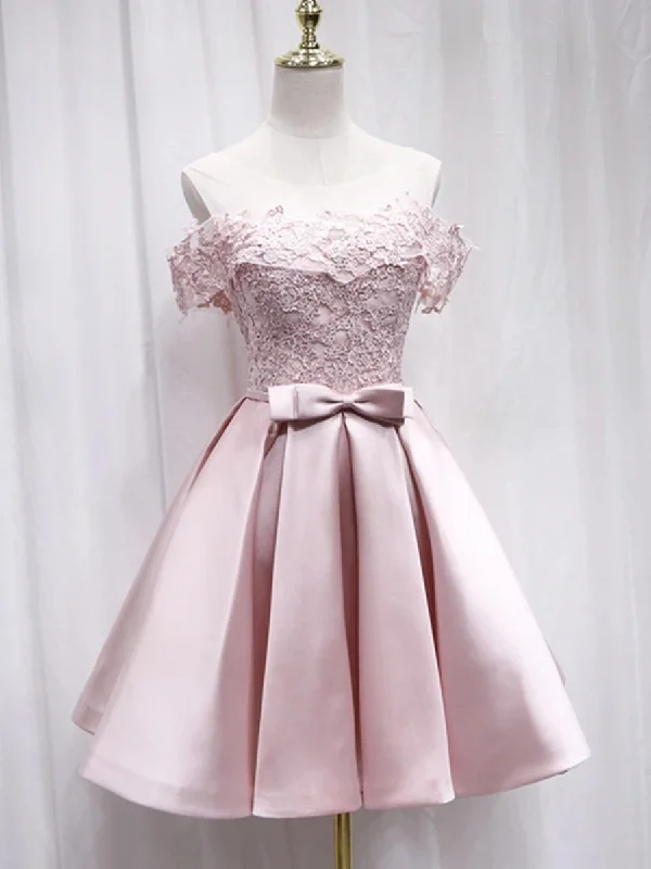 tiered dresstiered dressCute Off Shoulder Pink Lace Short Prom Dresses, Pink Lace Formal Graduation Homecoming Dresses