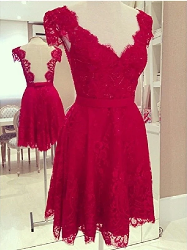 Limited Edition Custom Made V Neck Red Short Lace Prom Dresses, Short Lace Formal Dresses, Lace Homecoming Dresses