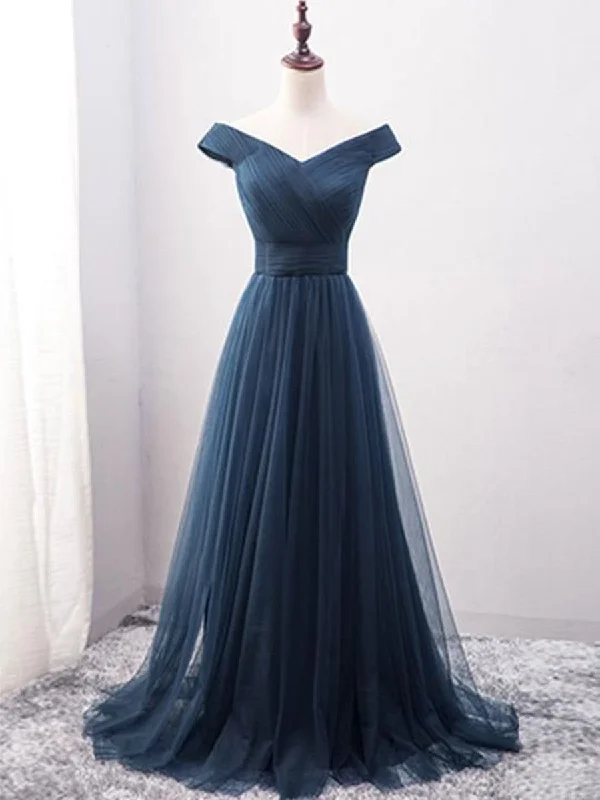 knit dressknit dressCustom Made Off Shoulder Tulle Navy Blue Long Prom Dresses, Navy Blue Formal Dresses, Evening Dresses