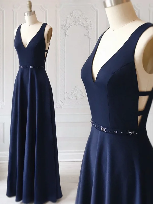 Bargain Prices A Line V Neck Dark Navy Blue Long Prom Dresses with Beading Belt, Dark Navy Blue Formal Dresses, Evening Dresses