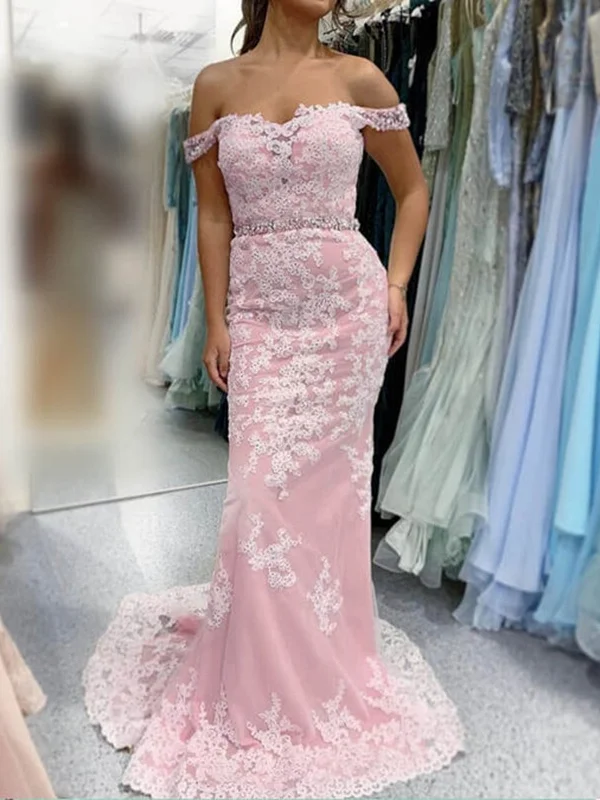 satin dresssatin dressOff Shoulder Mermaid Pink Lace Long Prom Dresses, Mermaid Pink Formal Evening Dresses, Pink Lace Bridesmaid Dresses SP2269