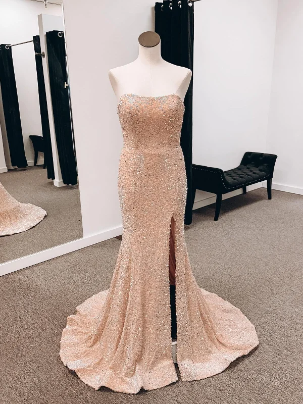 formal dressformal dressStrapless Mermaid Light Champagne Long Prom Dresses with High Slit, Mermaid Champagne Formal Dresses, Champagne Evening Dresses SP2695