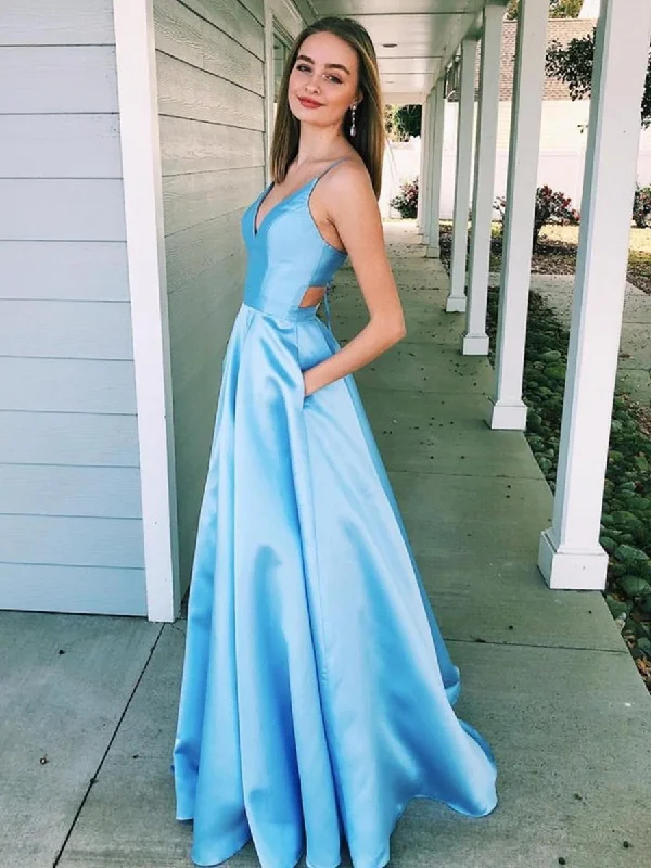 New Deals Elegant Light Blue A Line V Neck Floor Length Satin Long Prom Dresses with Pocket, Light Blue Formal Dresses, Evening Dresses 2019