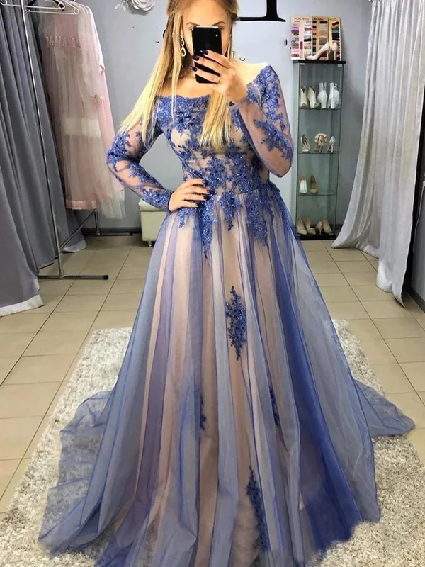 Can't Miss Long Sleeves Blue Lace Long Prom Dresses, Blue Lace Formal Evening Dresses Can't Miss Long Sleeves Blue Lace Long Prom Dresses, Blue Lace Formal Evening Dresses