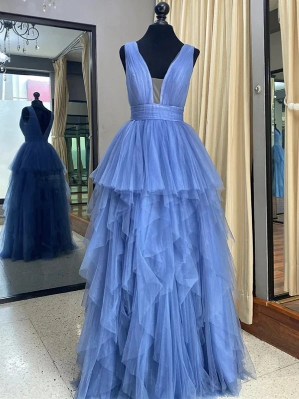 Deal of the Week Deep V Neck Blue Layered Long Prom Dresses, Long Blue Formal Evening Dresses Deal of the Week Deep V Neck Blue Layered Long Prom Dresses, Long Blue Formal Evening Dresses