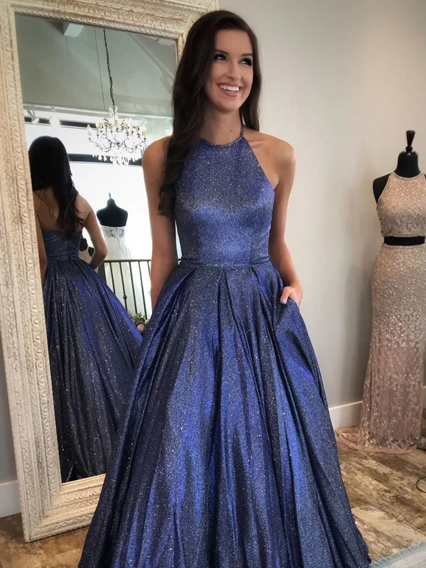 Super Deal Shiny Halter Neck Backless Dark Blue Long Prom Dresses with Pocket, Backless Blue Formal Graduation Evening Dresses SP2321