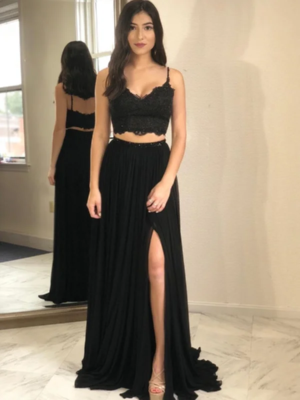 Deep Discounts A Line Two Pieces Lace Black Long Prom Dresses with Slit, Two Pieces Black Formal Dresses, Lace Black Evening Dresses