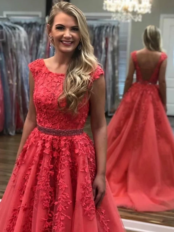 boho-chic dressboho-chic dressRound Neck Open Back Coral Lace Long Prom Dresses with Belt, Coral Lace Formal Evening Dresses SP2925