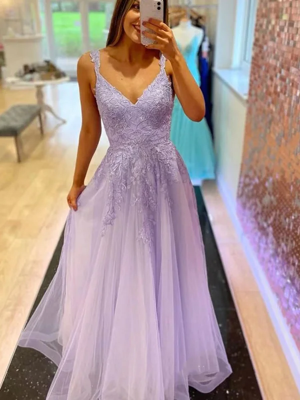 trendy mini dresstrendy mini dressA Line V Neck Beaded Purple Lace Long Prom Dresses, Lilac Lace Formal Dresses, Lavender Evening Dresses SP2352