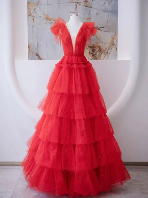 floral dressfloral dressV Neck Red Tulle Layered Long Prom Dresses, Long Red Formal Graduation Evening Dresses, Red Ball Gown SP2785