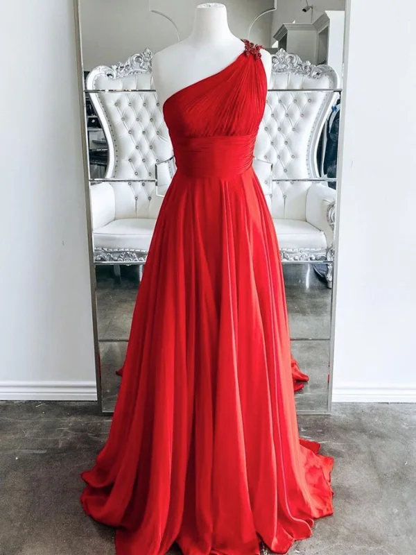 Price Rollback One Shoulder Backless Red Chiffon Long Prom Dresses, One Shoulder Red Formal Evening Dresses