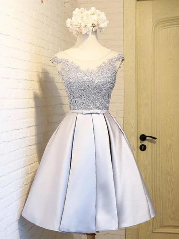 Super Sale A Line Round Neck Lace Short Gray Prom Dress, Lace Short Gray Graduation Dress, Short Gray Homecoming Dress