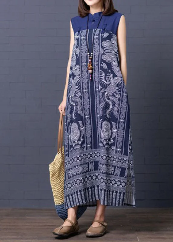 Seasonal Clearance Retro Blue Chinese Button Patchwork Side Open Linen Long Dress Sleeveless
