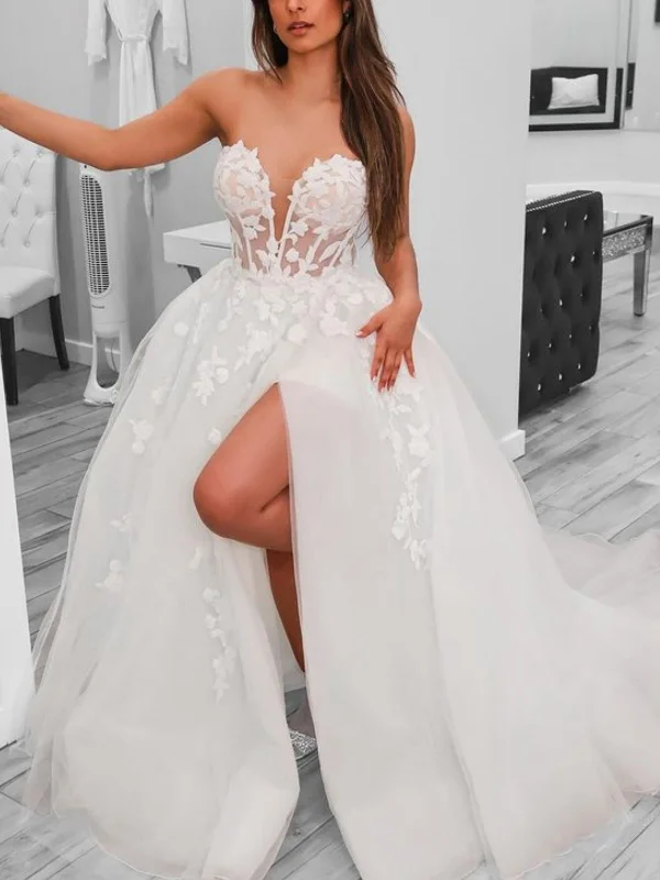 pleated maxi dresspleated maxi dressStrapless V Neck White Lace Long Prom Dresses with High Slit, White Lace Formal Evening Dresses, White Wedding Dresses SP2831