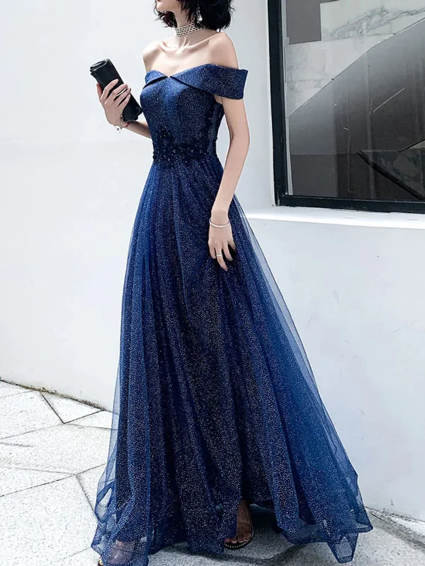 bohemian dressbohemian dressShiny Tulle Off Shoulder Navy Blue Long Prom Dresses, Off the Shoulder Formal Dresses, Navy Blue Evening Dresses SP2563